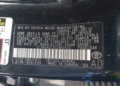2012 Toyota Corolla S from USA, damaged, VIN 2T1BU4EE3CC892425